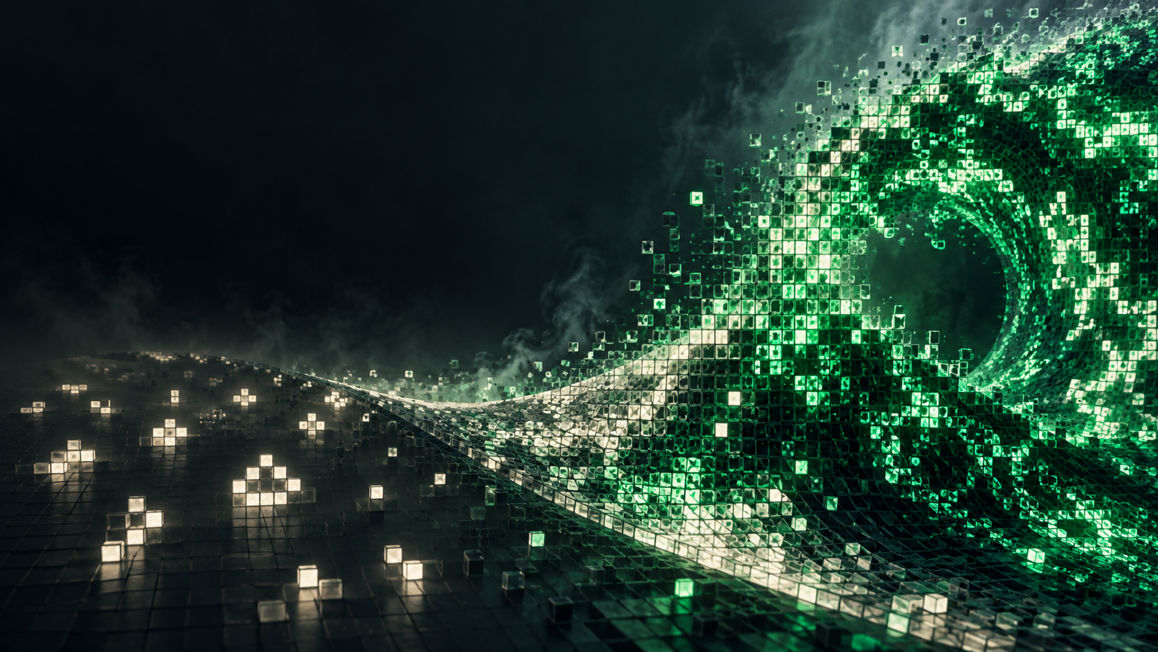 Abstract glowing square lattice sweeping into an emerald wave; AI-generated editorial illustration